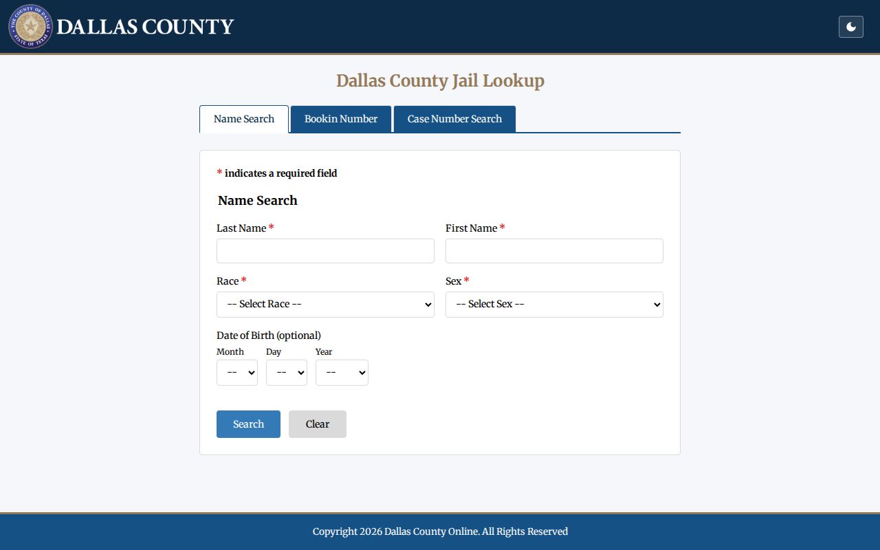 Dallas County current-custody booking record search interface